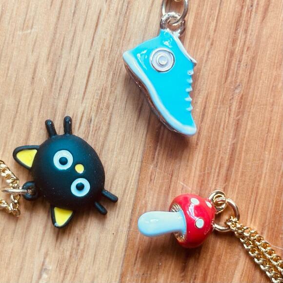 Whimsy Necklace:  Gold Plated Mini Mushroom, Blue Sneaker, Black Kitty.  Unique! - Picture 4 of 16